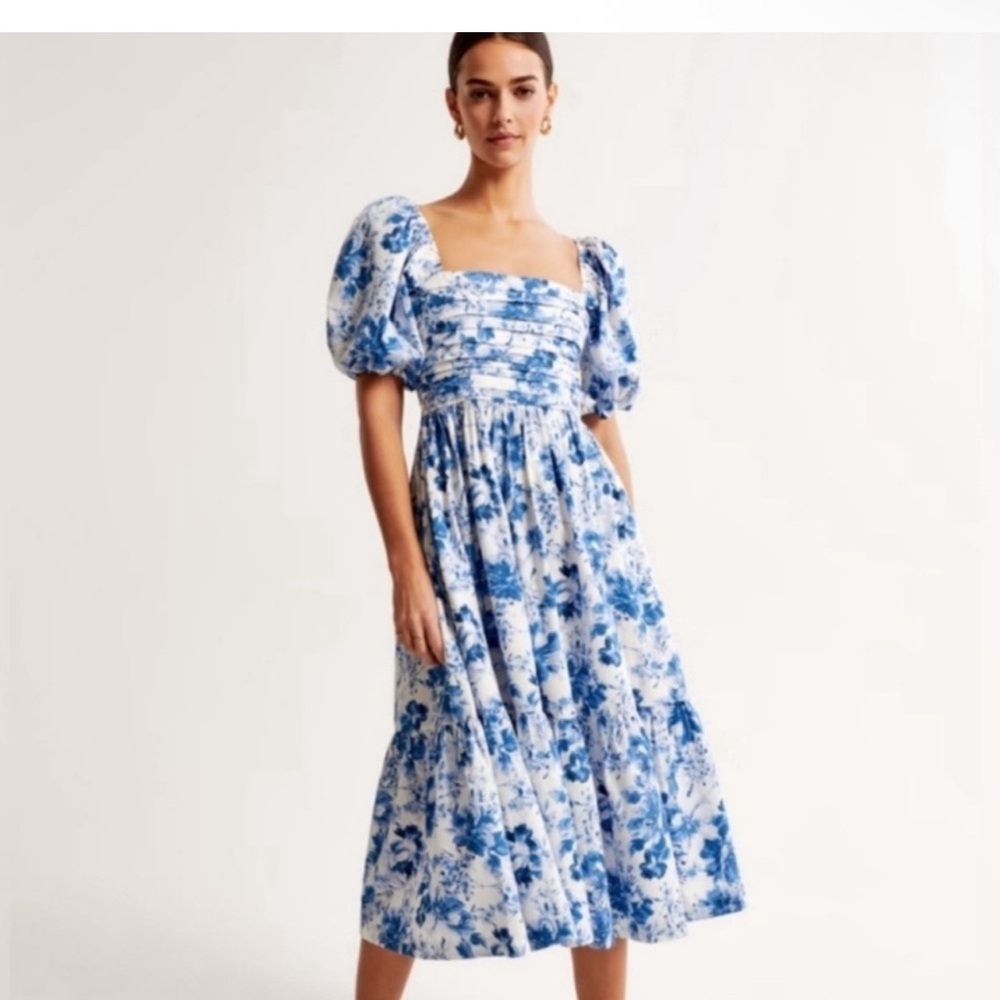 Abercrombie & Fitch Emerson Blue Floral Puff-Sleeve Midi Dress